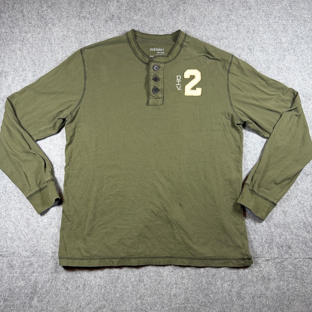 Old Navy Mens Henley Shirt Large Olive Green Varsity Patch Long Sleeve Cotton